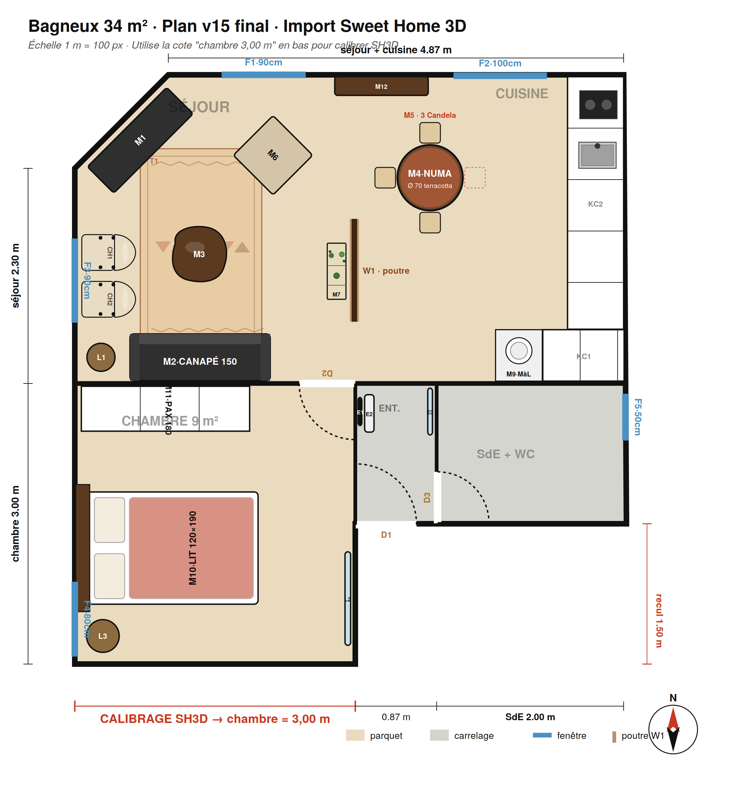 Plan Sweet Home 3D du T2 de 34 m² à Bagneux, vue de dessus avec séjour, cuisine, chambre, entrée et salle d'eau