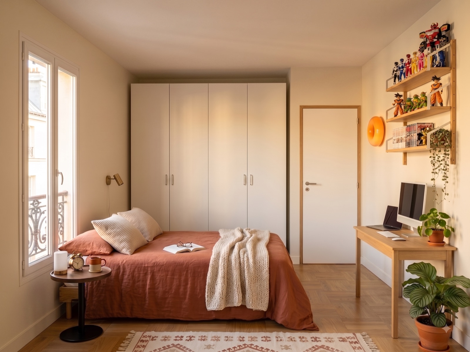 Rendu chambre — lit terracotta, armoire blanche, bureau chêne clair, étagère de collection et 3 plantes