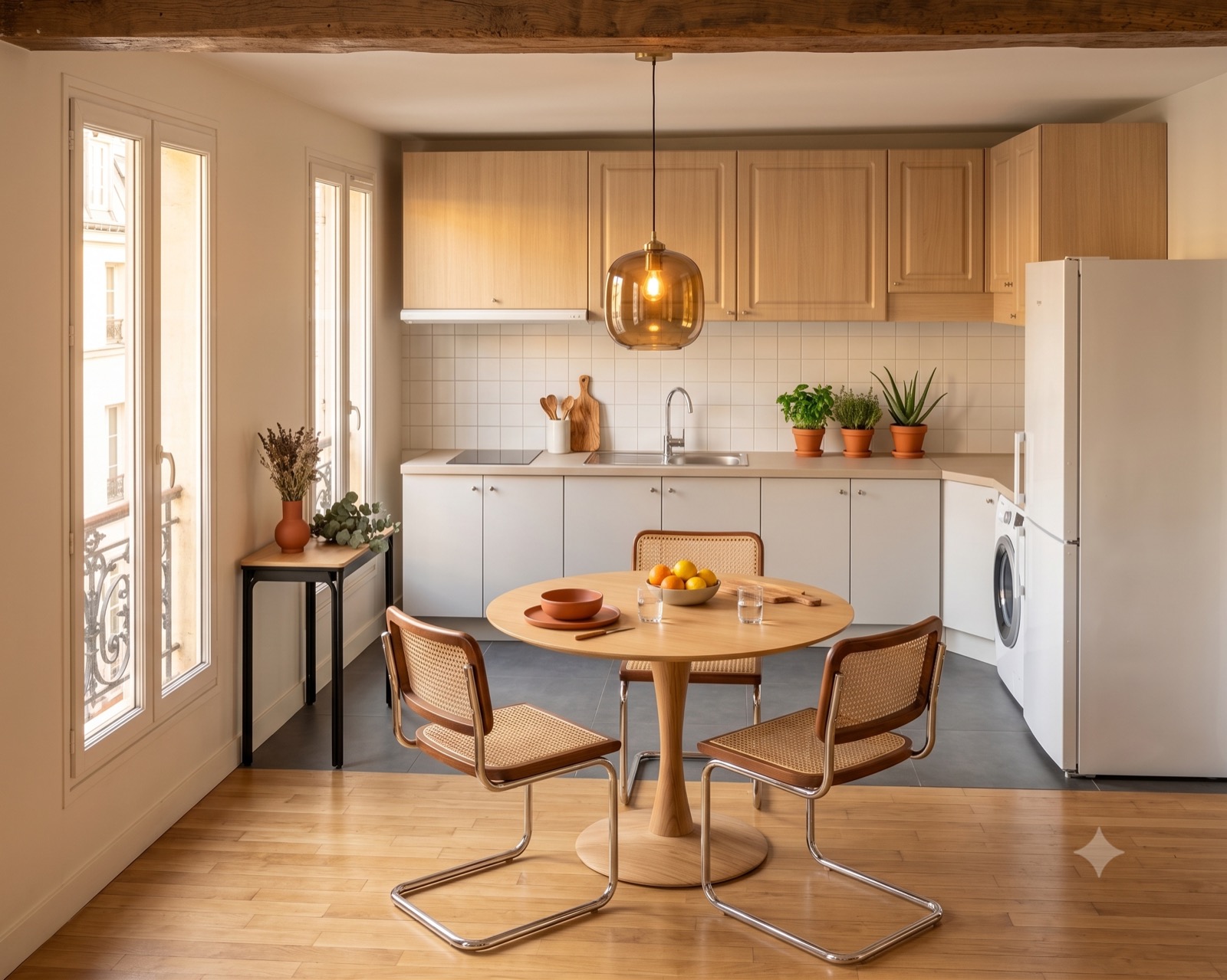 Rendu cuisine — table Saarinen + chaises Cesca + cuisine en L