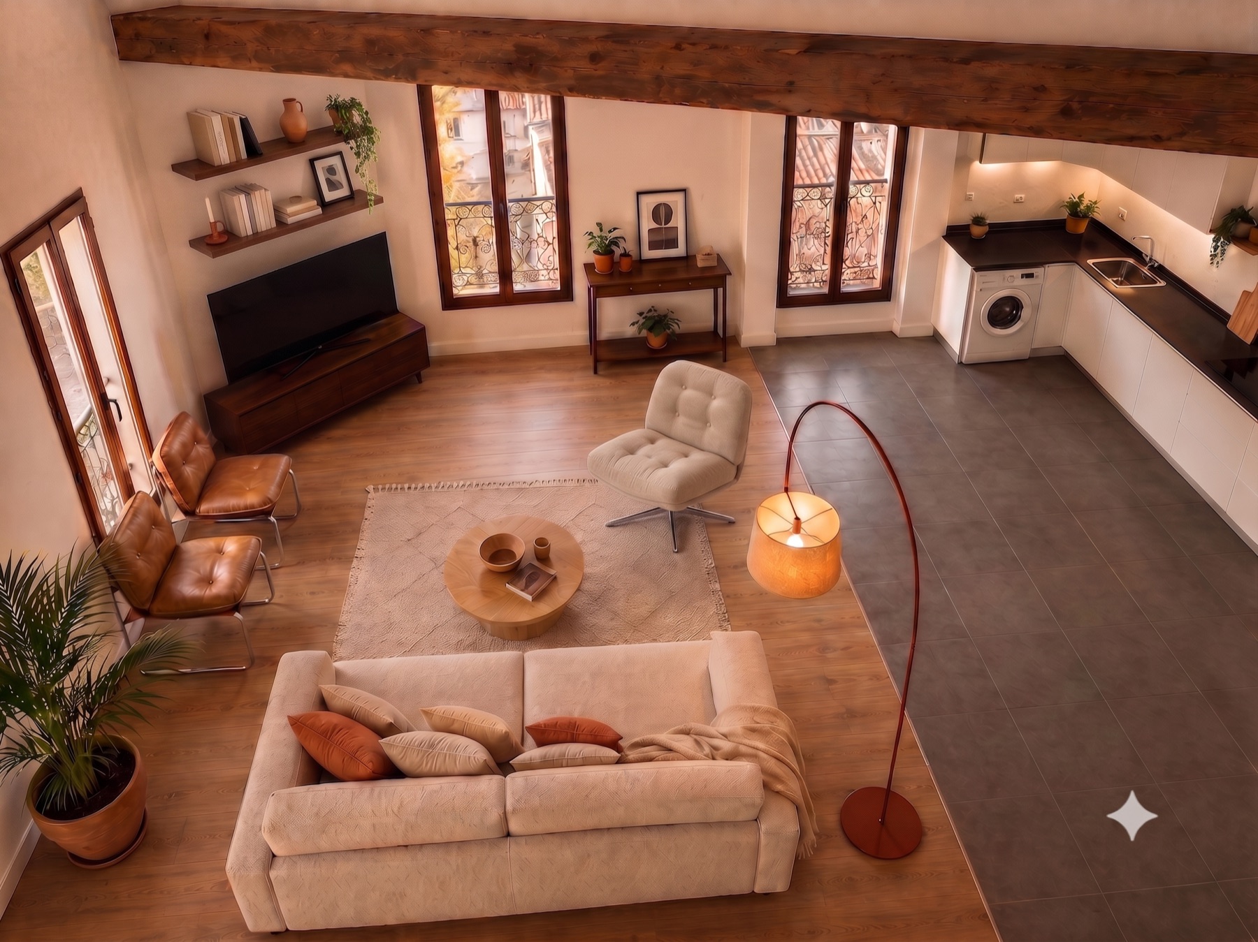 Rendu 3D du séjour de Bagneux, style mid-century contemporain, palette écru, cuir tanné caramel, terracotta et noyer